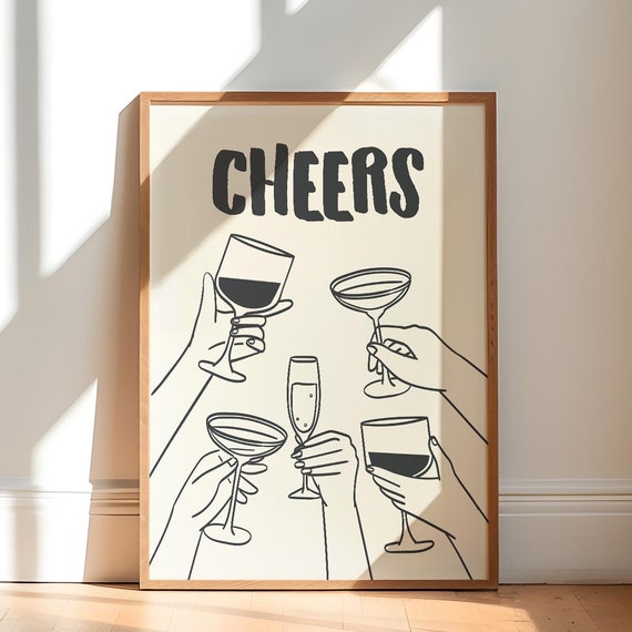 Bar Cart Print Cheers Decor Trendy Wall Art Kitchen Black Beige Poster
