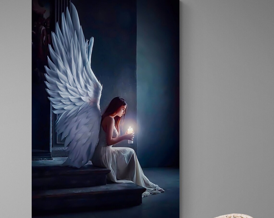 Angel Woman With White Wings Holding Candle On Steps Art Poster - Image 3
