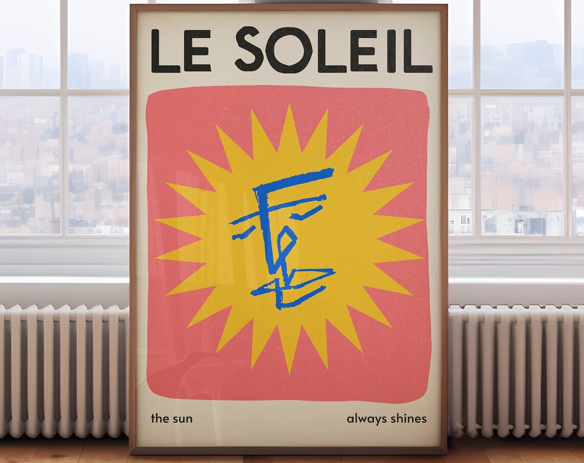 French Le Soleil Sunshine Face Poster with Yellow Sun on Pink - Image 2