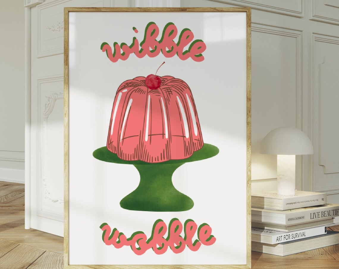Wibble Wobble Pink Jelly Dessert Retro Typography Kitchen Wall Art