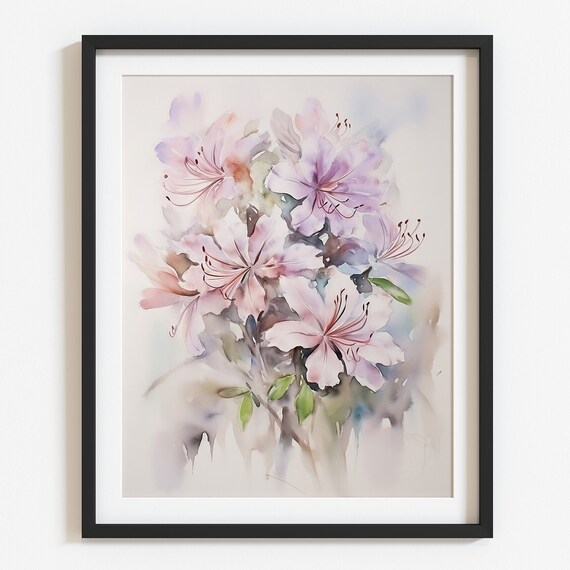 Pink Azalea Blossoms Soft Watercolor Floral Spring Decor Wall Art