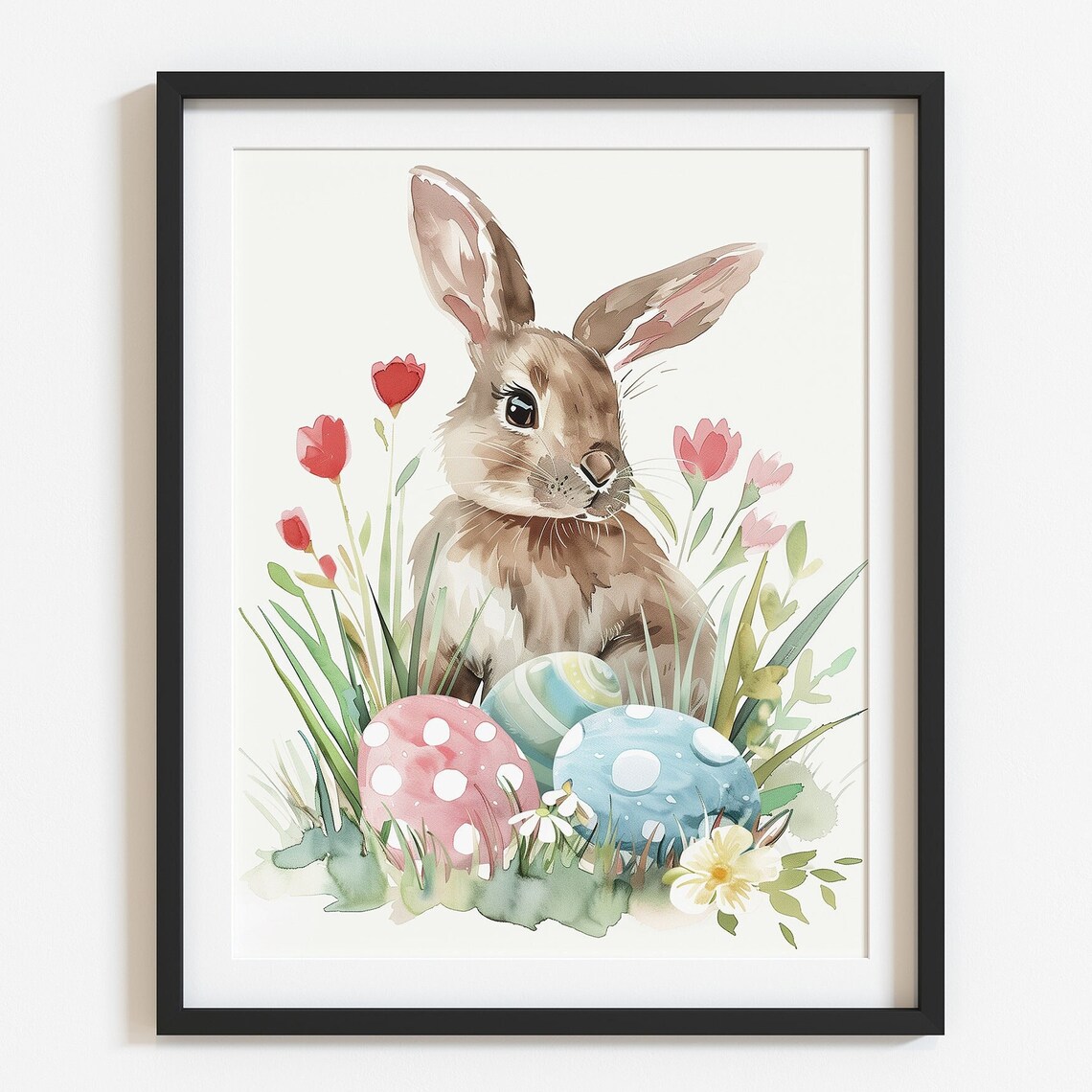 Cute Watercolor Bunny with Easter Eggs and Spring Tulips Nursery Poster