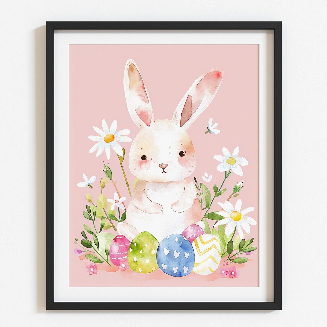Adorable White Bunny with Colorful Easter Eggs on Pink Nursery Art Poster