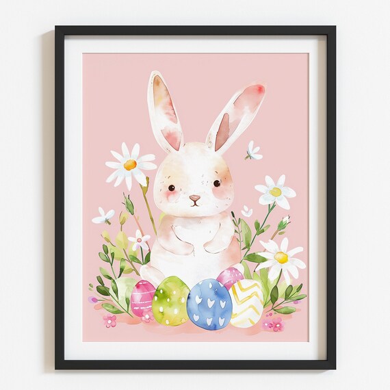 Adorable White Bunny with Colorful Easter Eggs on Pink Nursery Art Poster