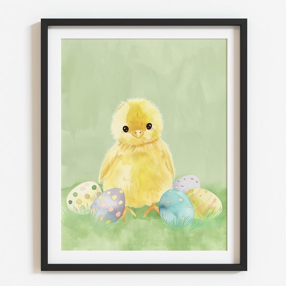Cute Easter Chick Print Watercolor Nursery Room Decor Spring Holiday Art Colorful Easter Eggs Kids Room Decoration