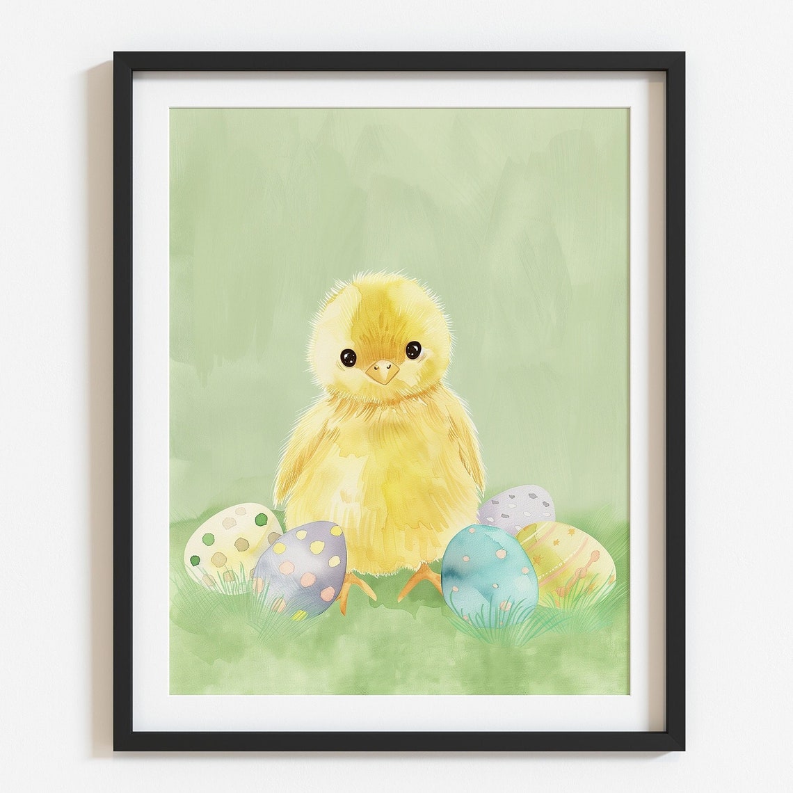 Cute Easter Chick Print Watercolor Nursery Room Decor Spring Holiday Art Colorful Easter Eggs Kids Room Decoration