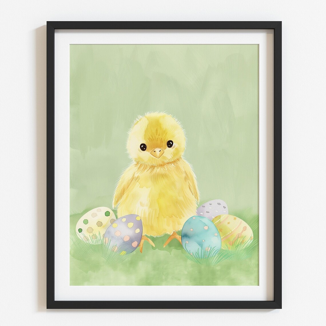 Sweet Baby Chick with Easter Eggs Pastel Spring Watercolor Poster