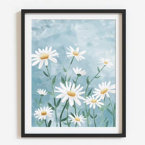 Cheerful White Daisies on Blue Background Modern Floral Art Poster