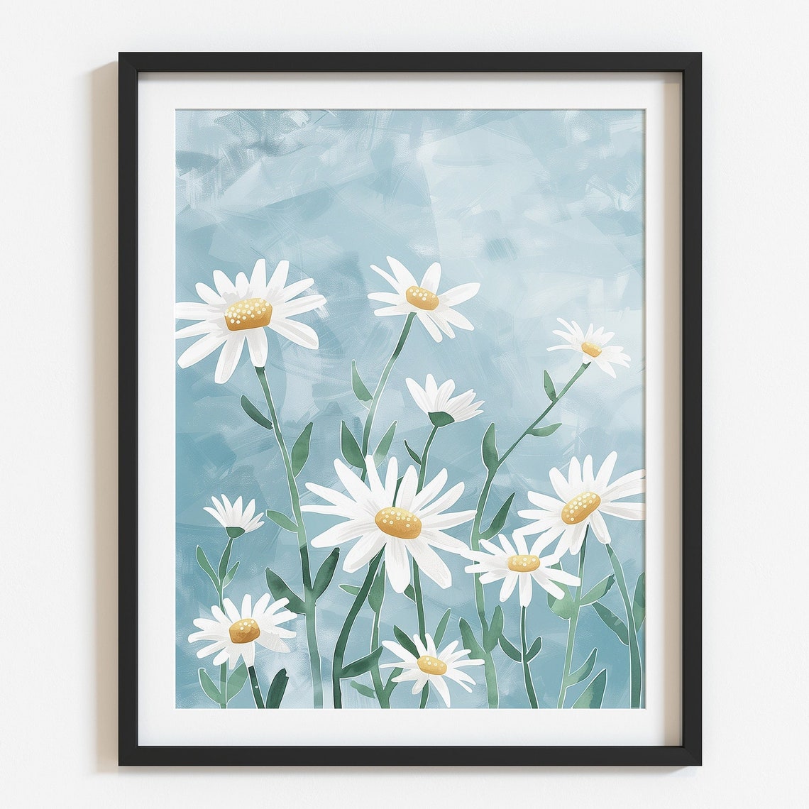 Cheerful White Daisies on Blue Background Modern Floral Art Poster