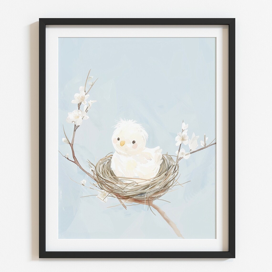 Cute White Baby Bird in Nest on Blossom Branch Nursery Print