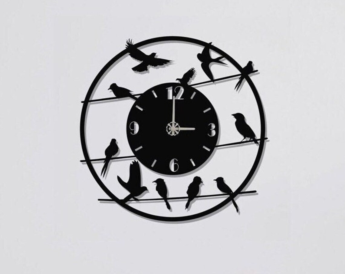 Birds Perched Flying Wires Round Black Metal Nature Wall Clock Art