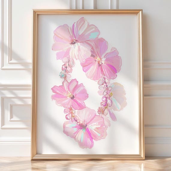 Floral Wall Art Pink Flower Lei Painting Tropical Pastel Print Feminine Island Decor Coquette Beach Style Gift