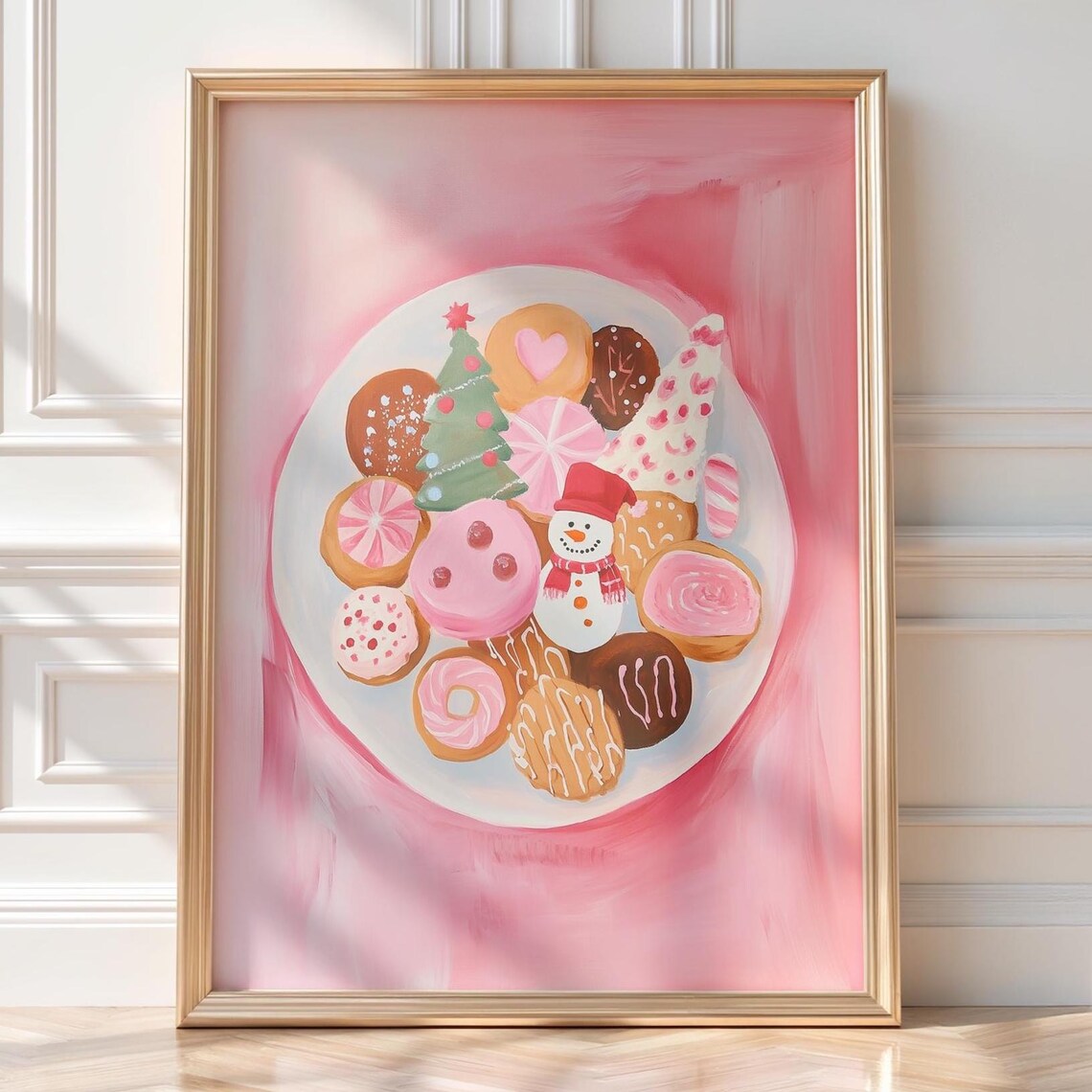 Pink Christmas Cookie Plate, Holiday Dessert Kitchen Art Print