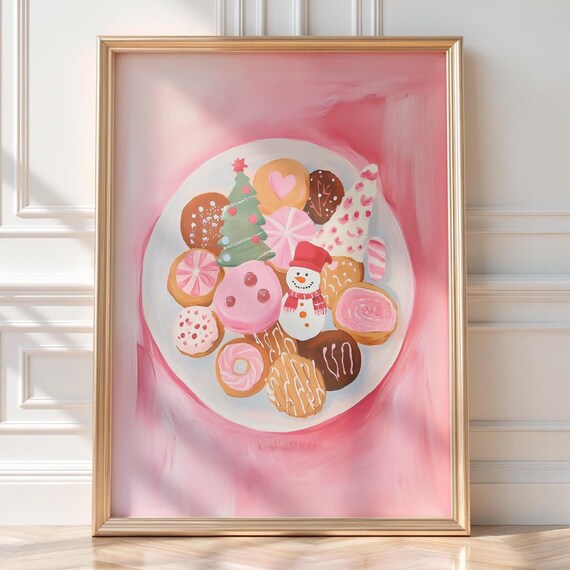 Pink Christmas Cookie Plate, Holiday Dessert Kitchen Art Print