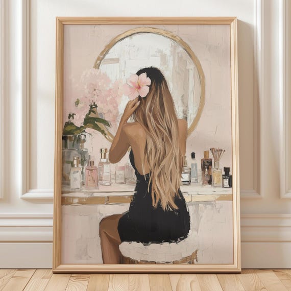 Ombre Haired Girl Vanity Wall Art With Tropical Flower Feminine Glam Beauty Room Poster Girly Makeup