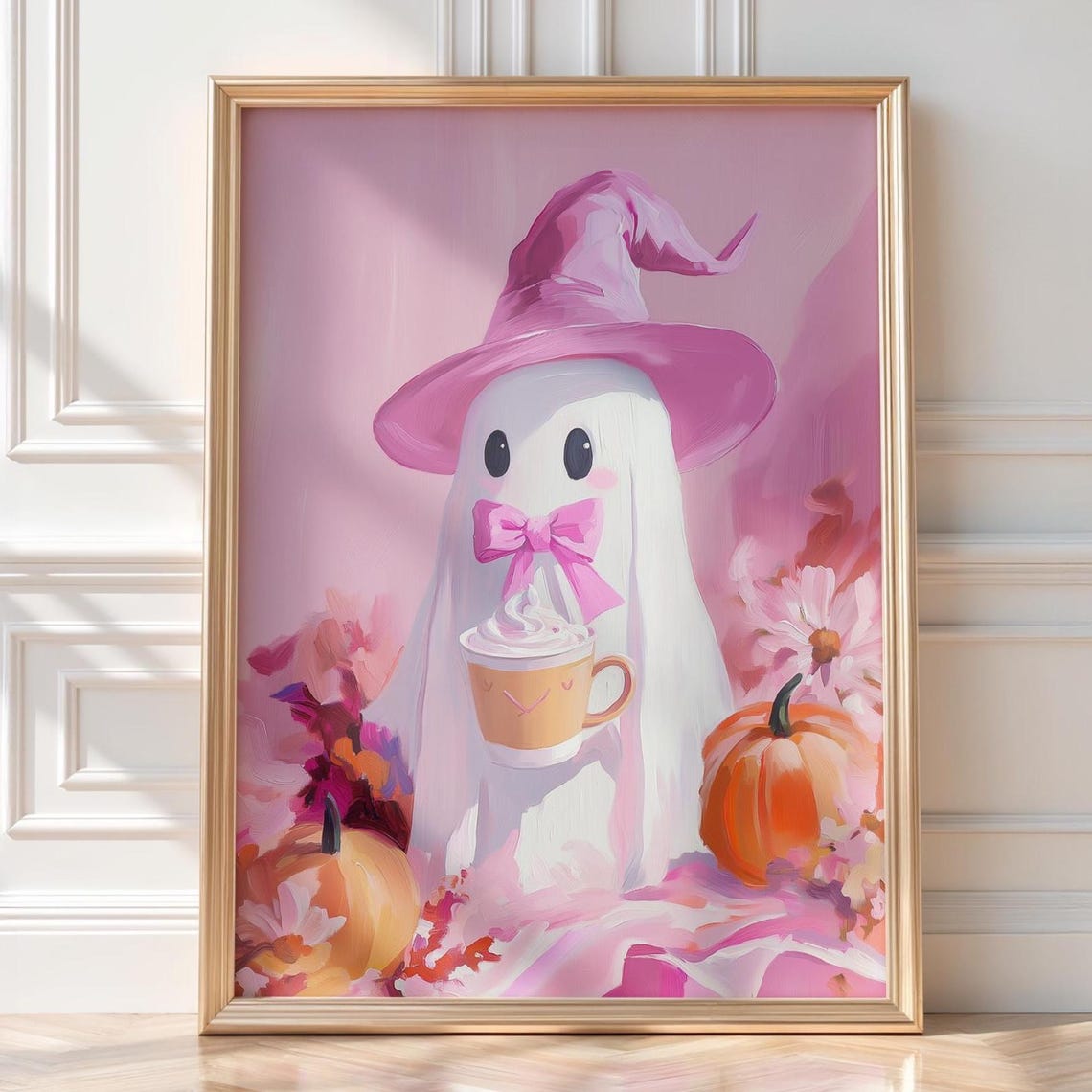 Pink Witch Ghost With Coffee Pumpkins Cute Halloween Art Poster