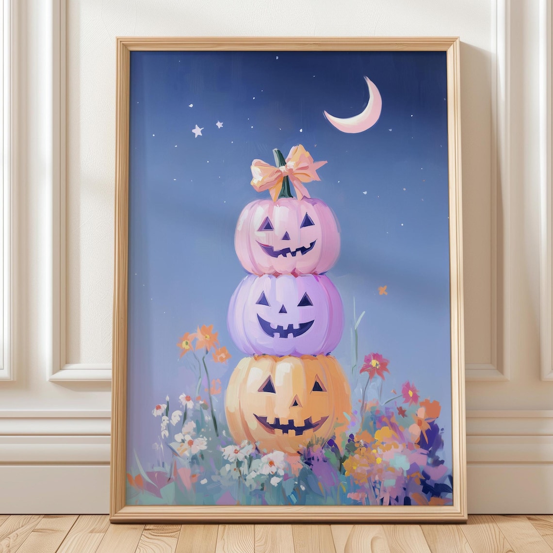 Stacked Pastel Pumpkins With Bow Moonlit Night Floral Halloween Poster