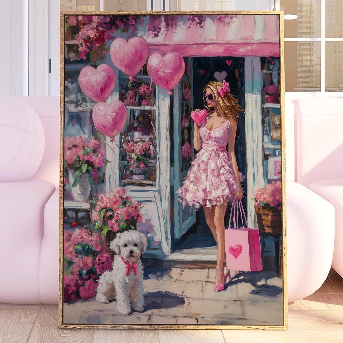 Pink Boutique Shopping Girl With Dog Poster Girly Heart Balloons Trendy Wall Decor