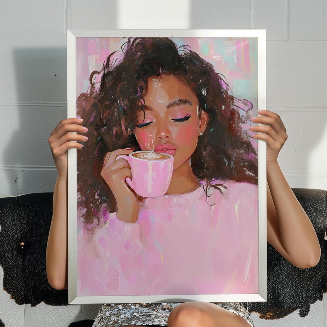 Black Girl Drinking Coffee Art Print, Coquette Decor
