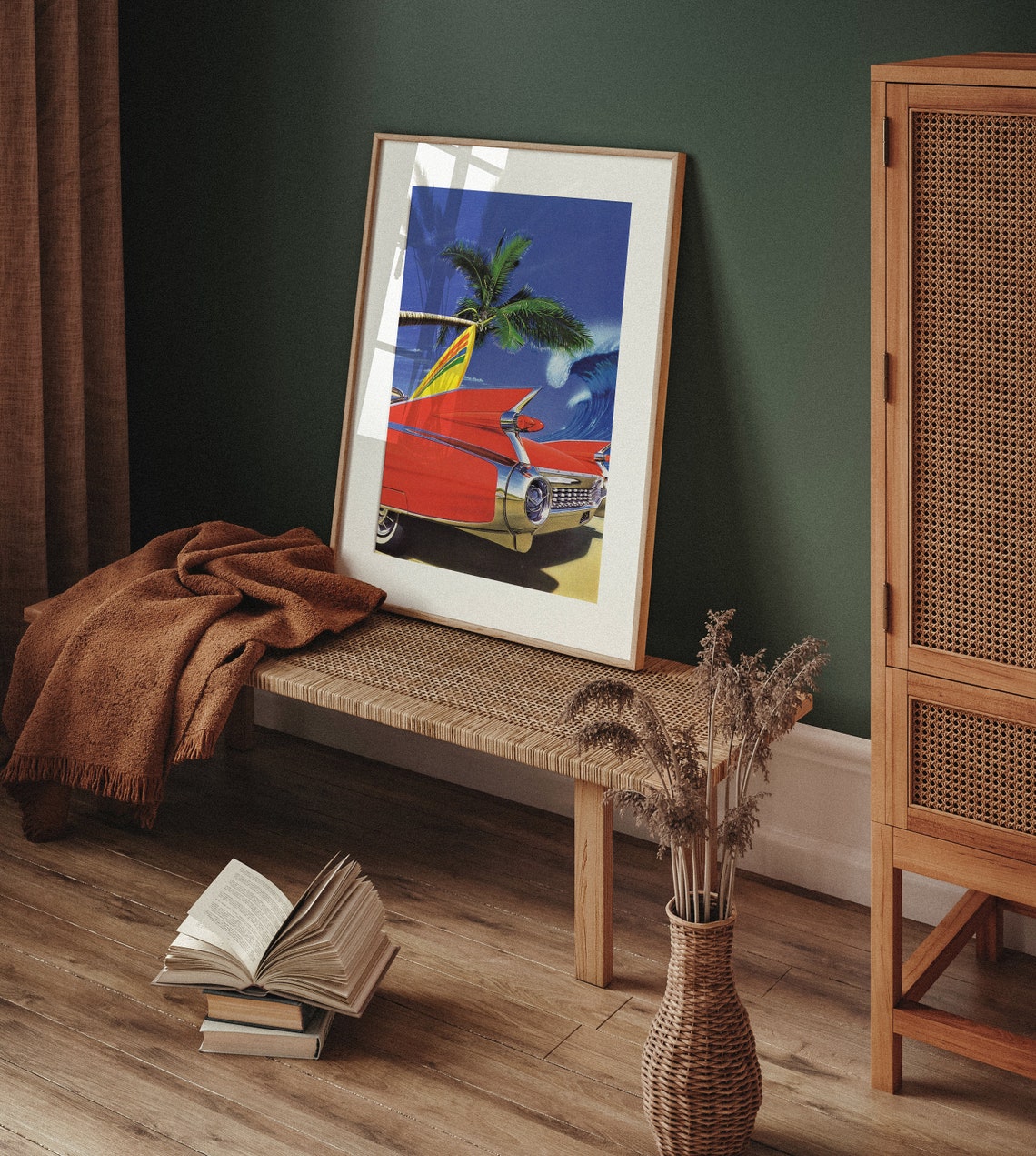 Red Classic Car Surfboard Palm Tree Crashing Wave Retro Poster - Image 4