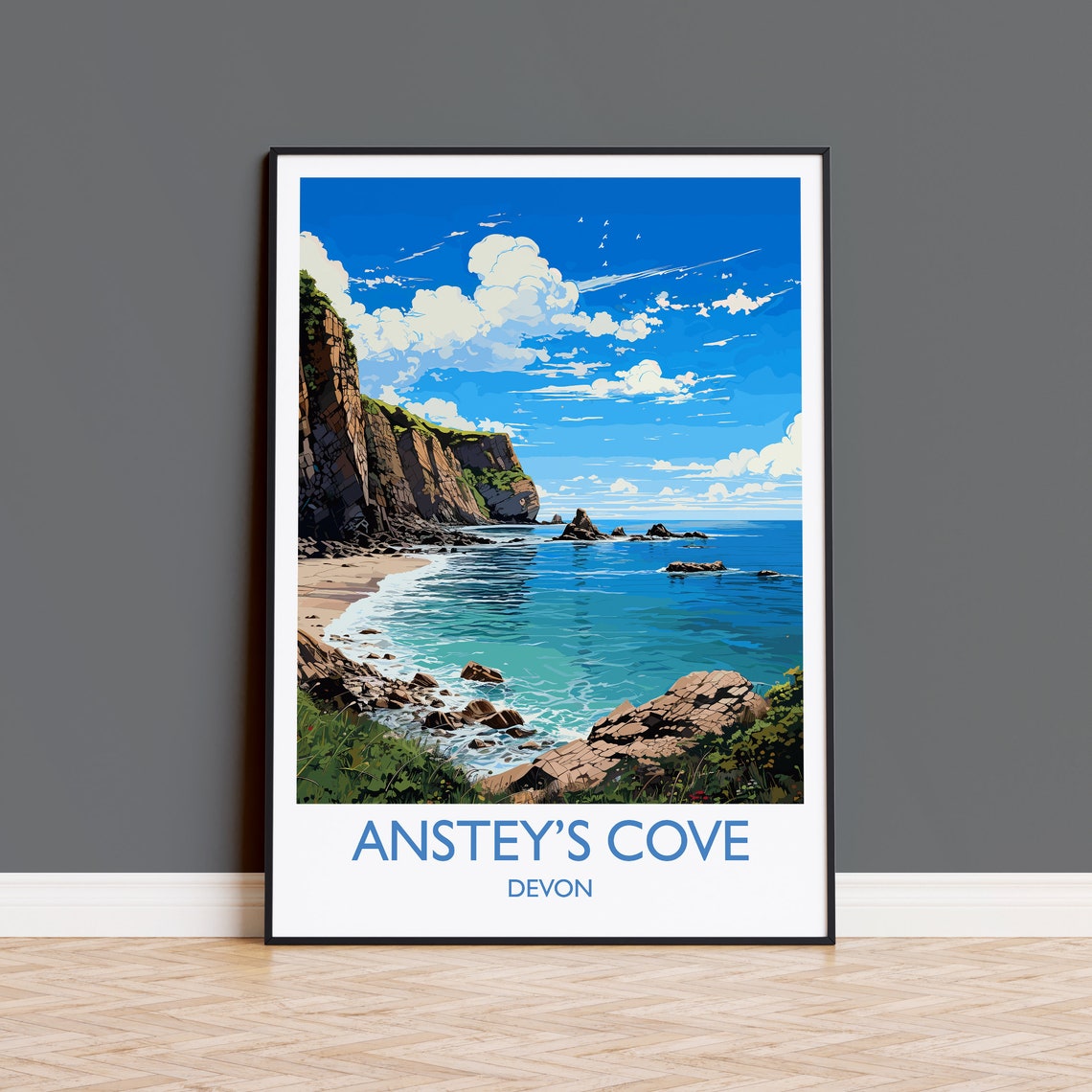 Ansteys Cove Devon Rocky Cliffs Turquoise Sea Coastal Travel Poster