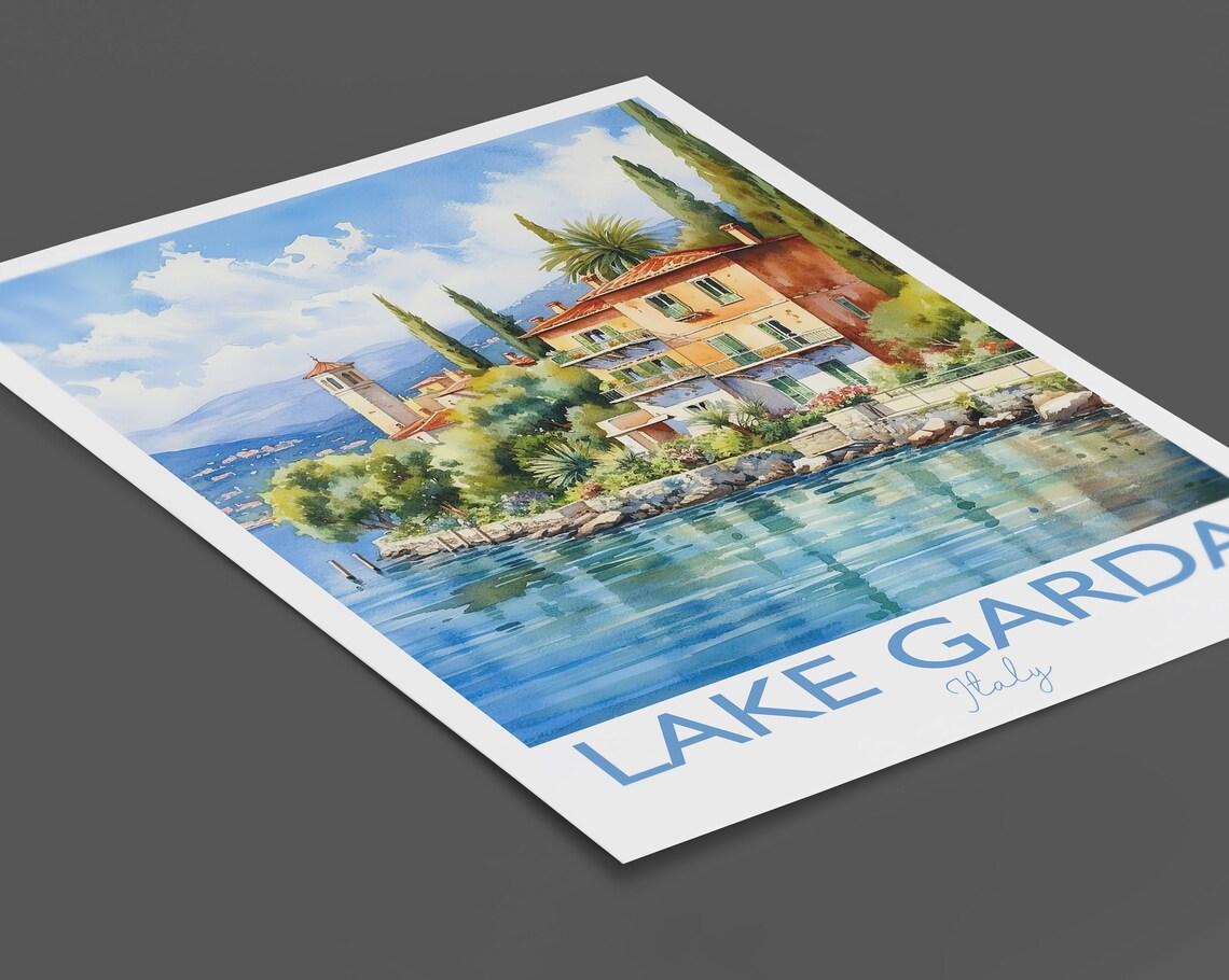 Lake Garda Italy Lakeside Villa Cypress Garden Watercolor Poster - Image 2