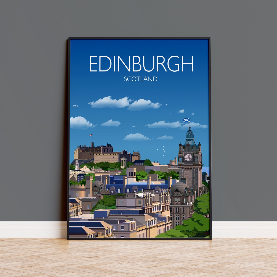 Edinburgh Scotland Travel Poster of Castle and Clock Tower View