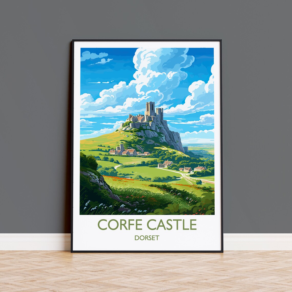 Corfe Castle Travel Poster, Dorset England
