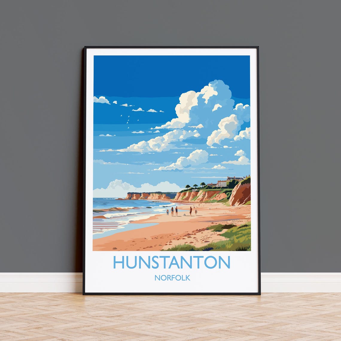 Hunstanton Norfolk Sandy Beach Red Cliffs Poster White Border