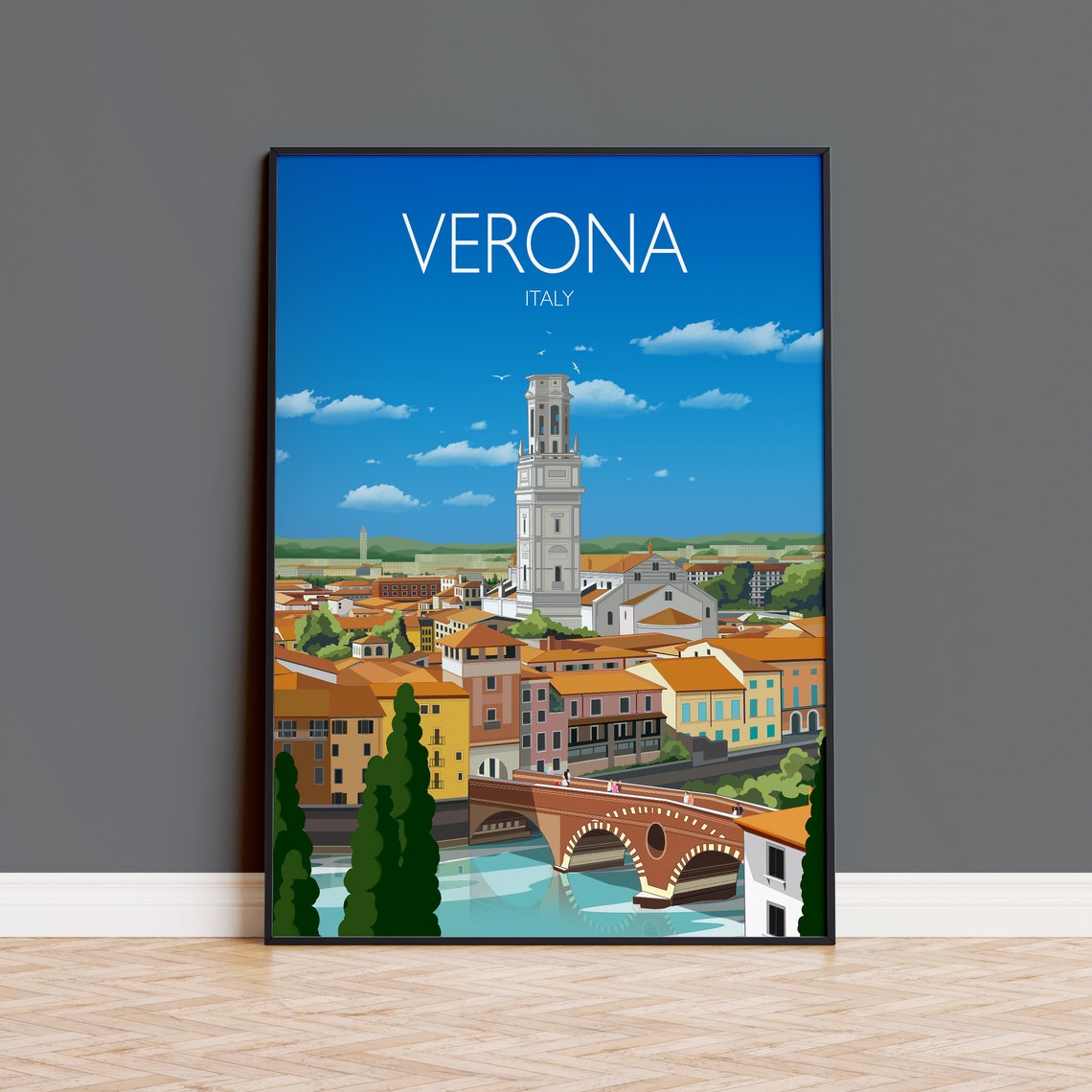Verona Italy Bell Tower Stone Bridge River Scene Travel Poster