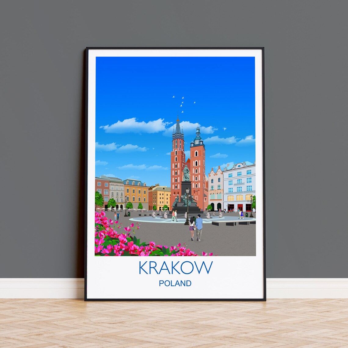 Krakow Poland Historic Square Church Towers City Skyline Art Poster
