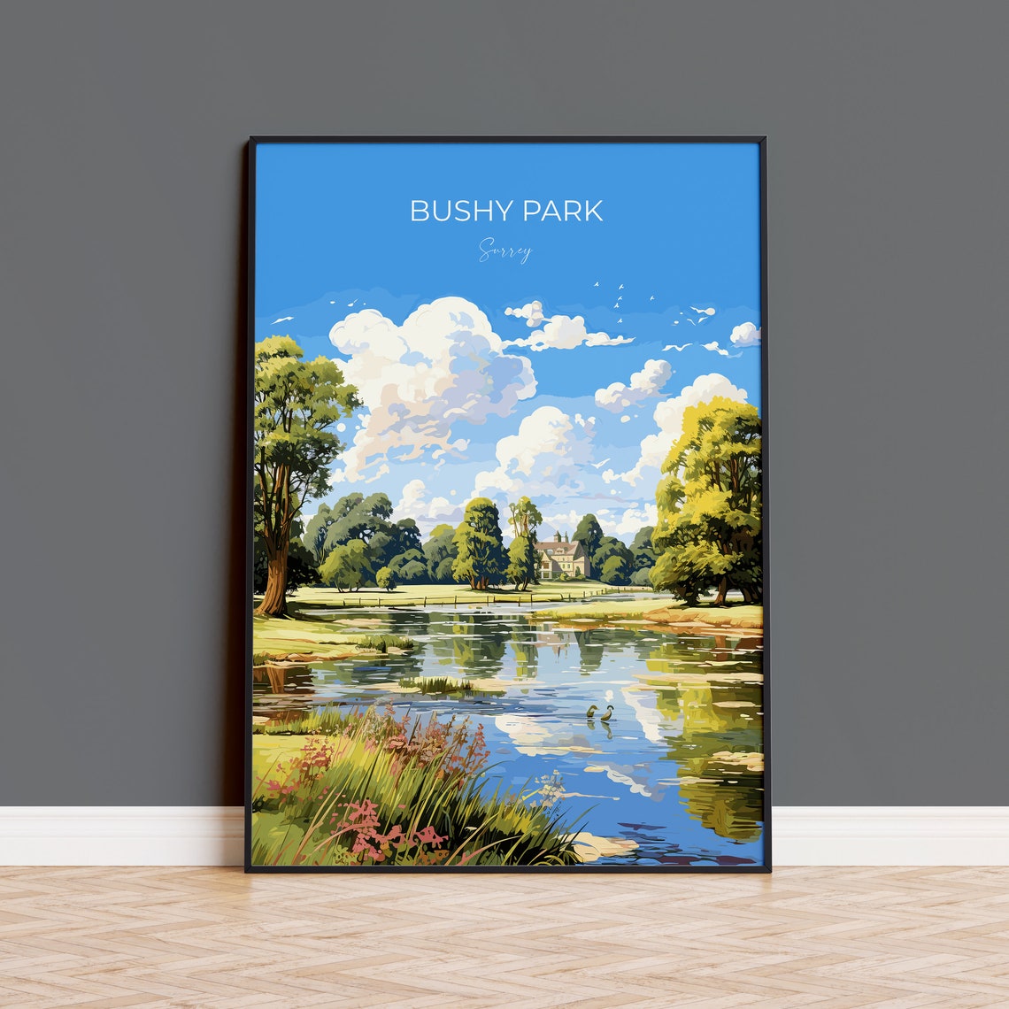 Bushy Park Surrey Pond Swans Parkland Trees Vintage Script Poster