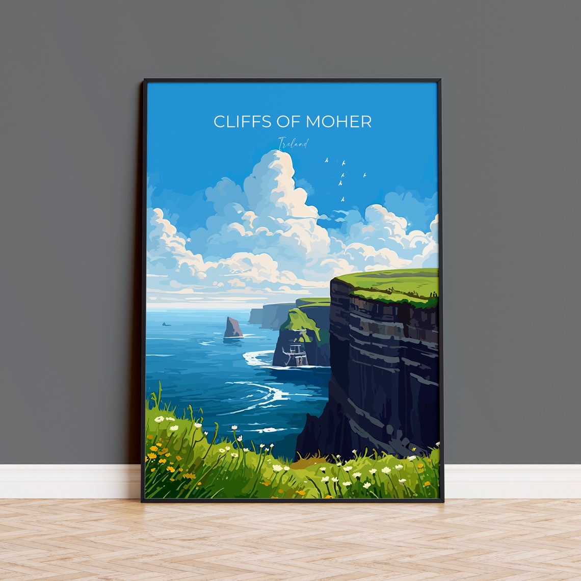 Cliffs of Moher Ireland Sea Cliffs Wildflowers Coastline Travel Poster
