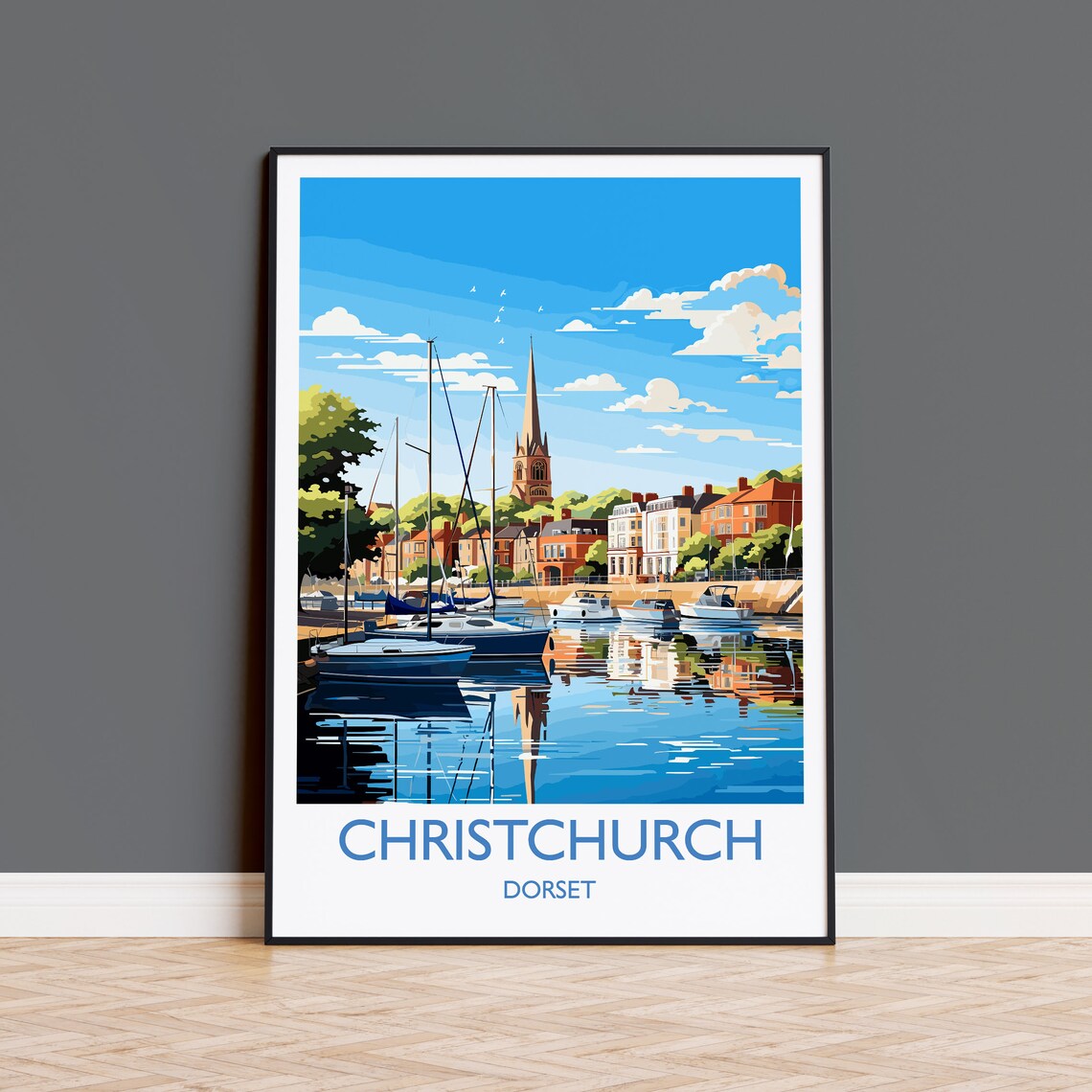 Christchurch Dorset Marina Sailboats Church Spire Travel Poster