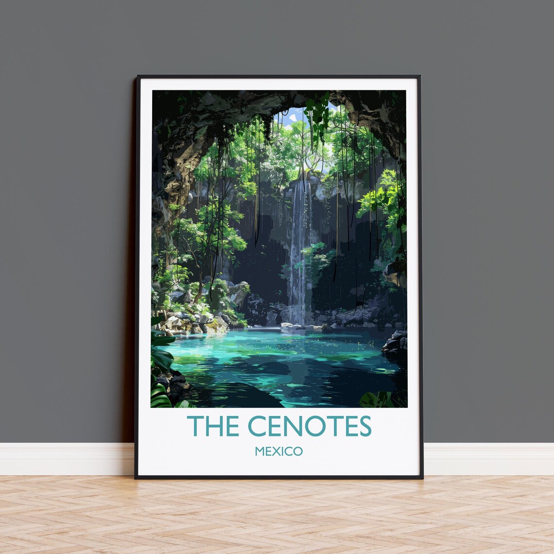 The Cenotes Mexico Jungle Waterfall Emerald Retro Travel Poster