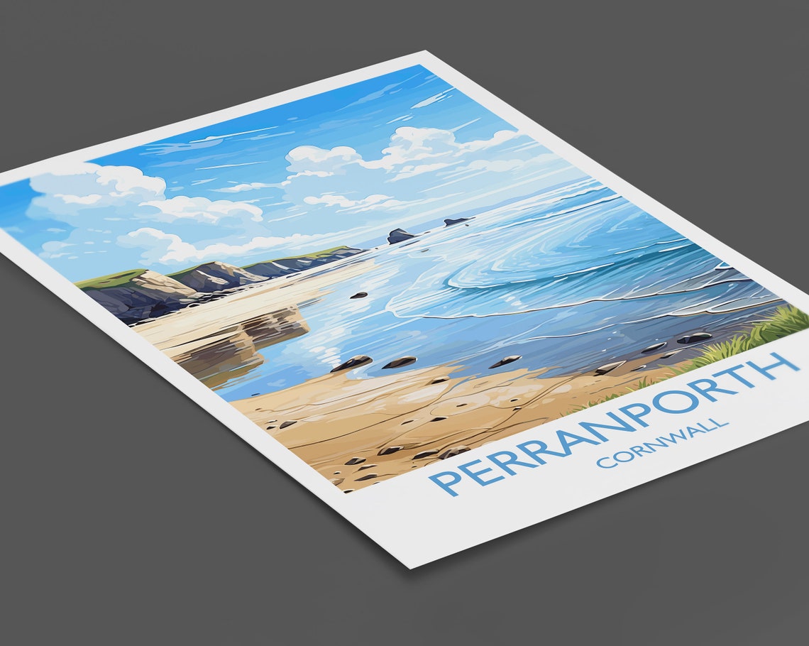 Perranporth Cornwall Sandy Beach Cliffs Turquoise Waves Travel Poster - Image 2