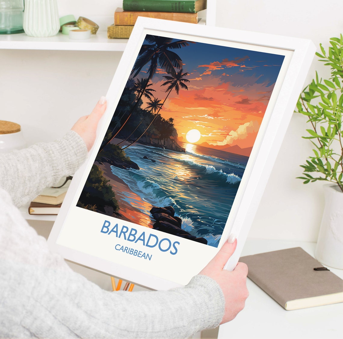 Barbados Caribbean Sunset Beach Palms Waves Bold Colors Poster - Image 3