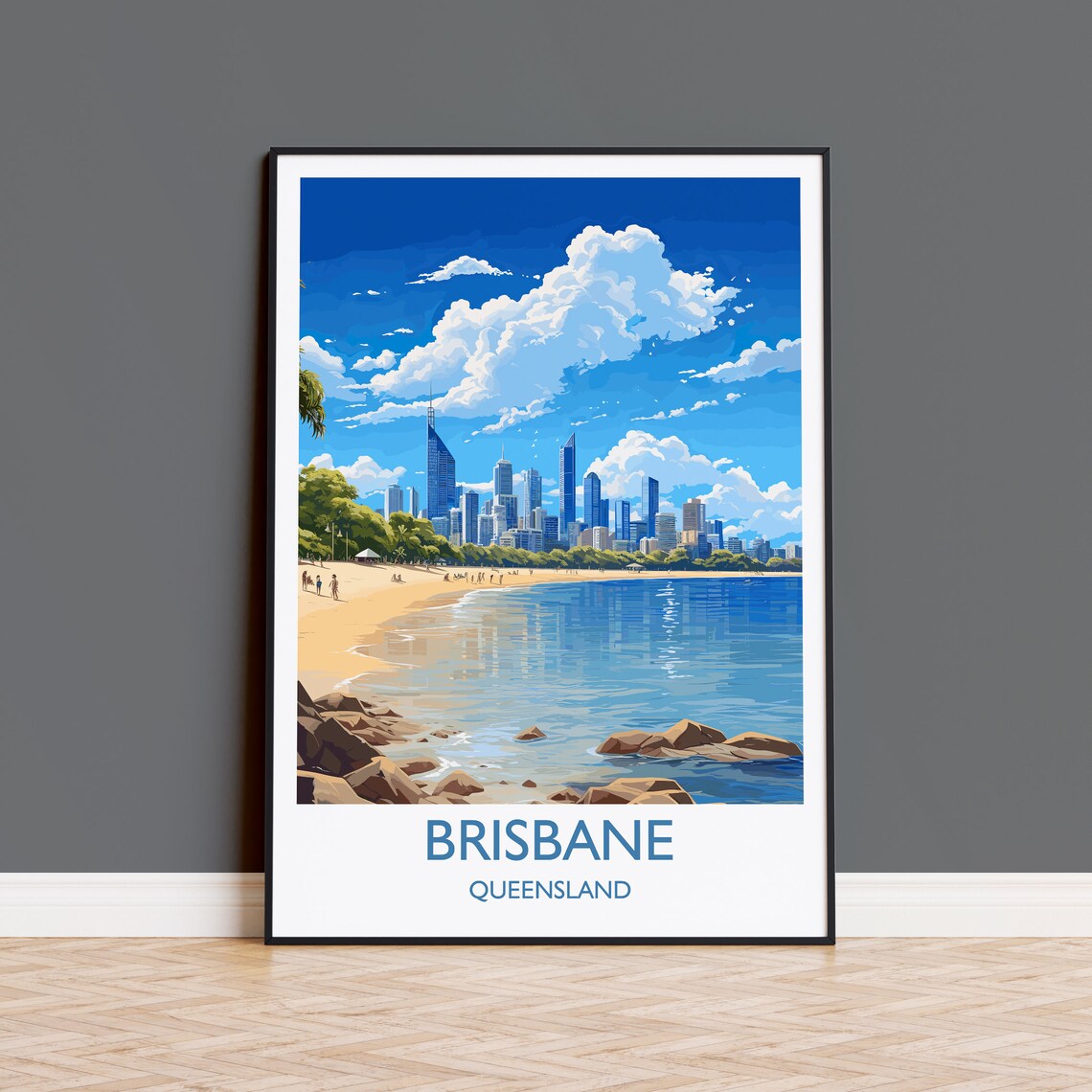 Brisbane Queensland City Skyline Waterfront Beach Scene Travel Poster