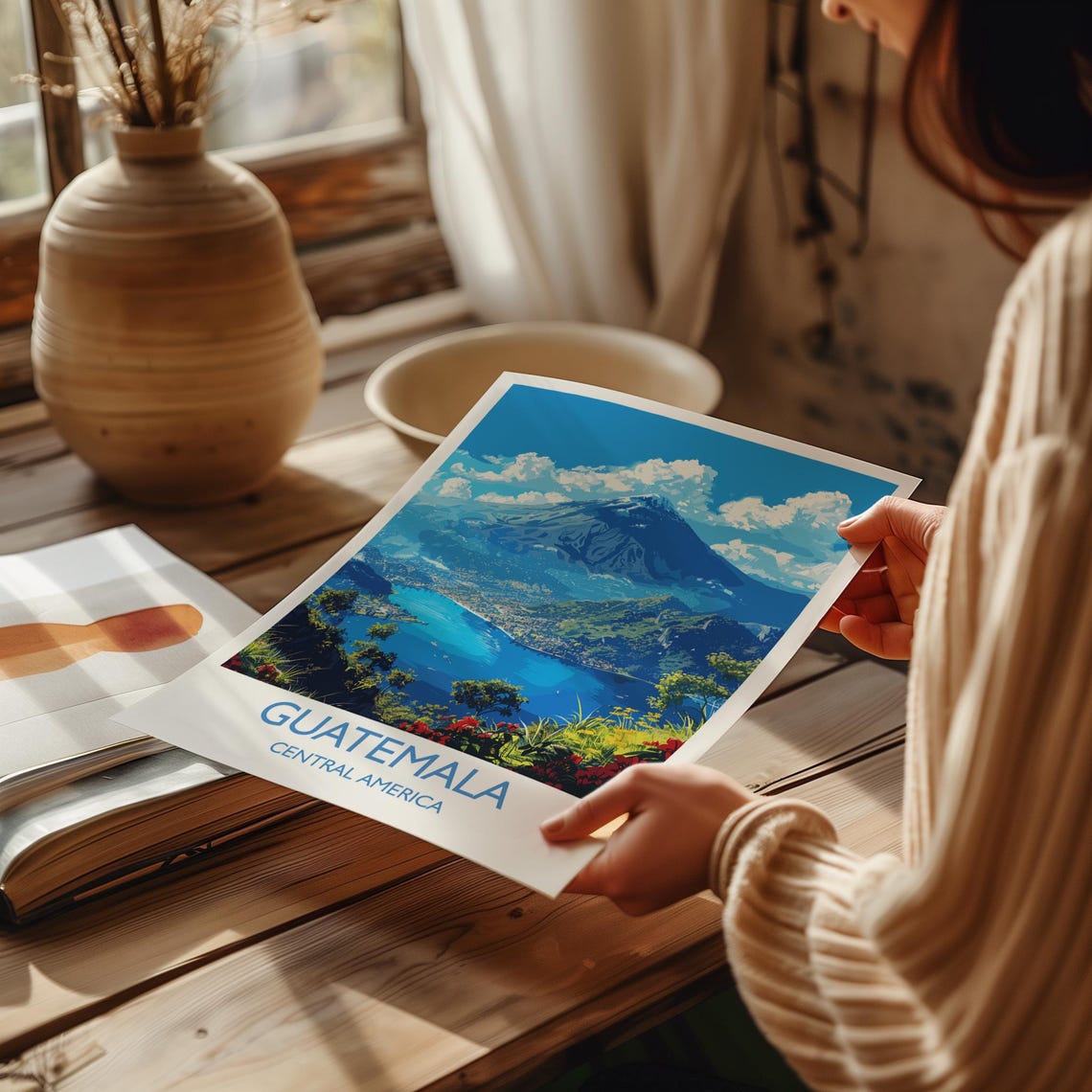 Guatemala Volcano And Blue Lake Poster With White Border Design - Image 2