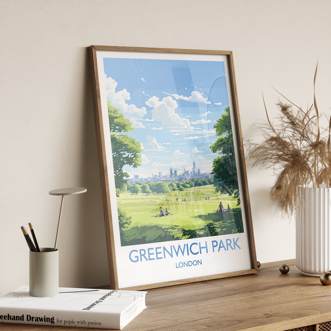 Greenwich Park London Travel Poster Skyline Meadow Picnic Scene - Image 2