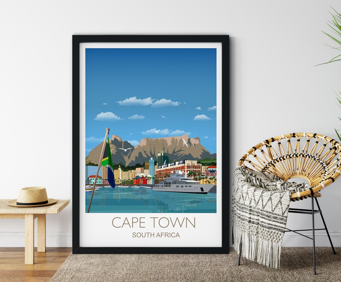 Cape Town South Africa Table Mountain Harbor Scene Travel Poster