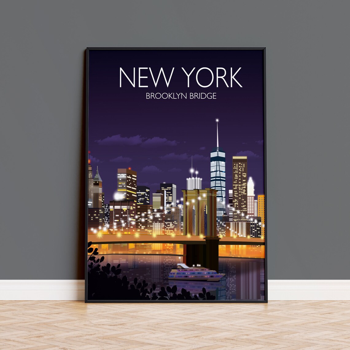 New York Brooklyn Bridge Night Skyline City Lights Travel Poster