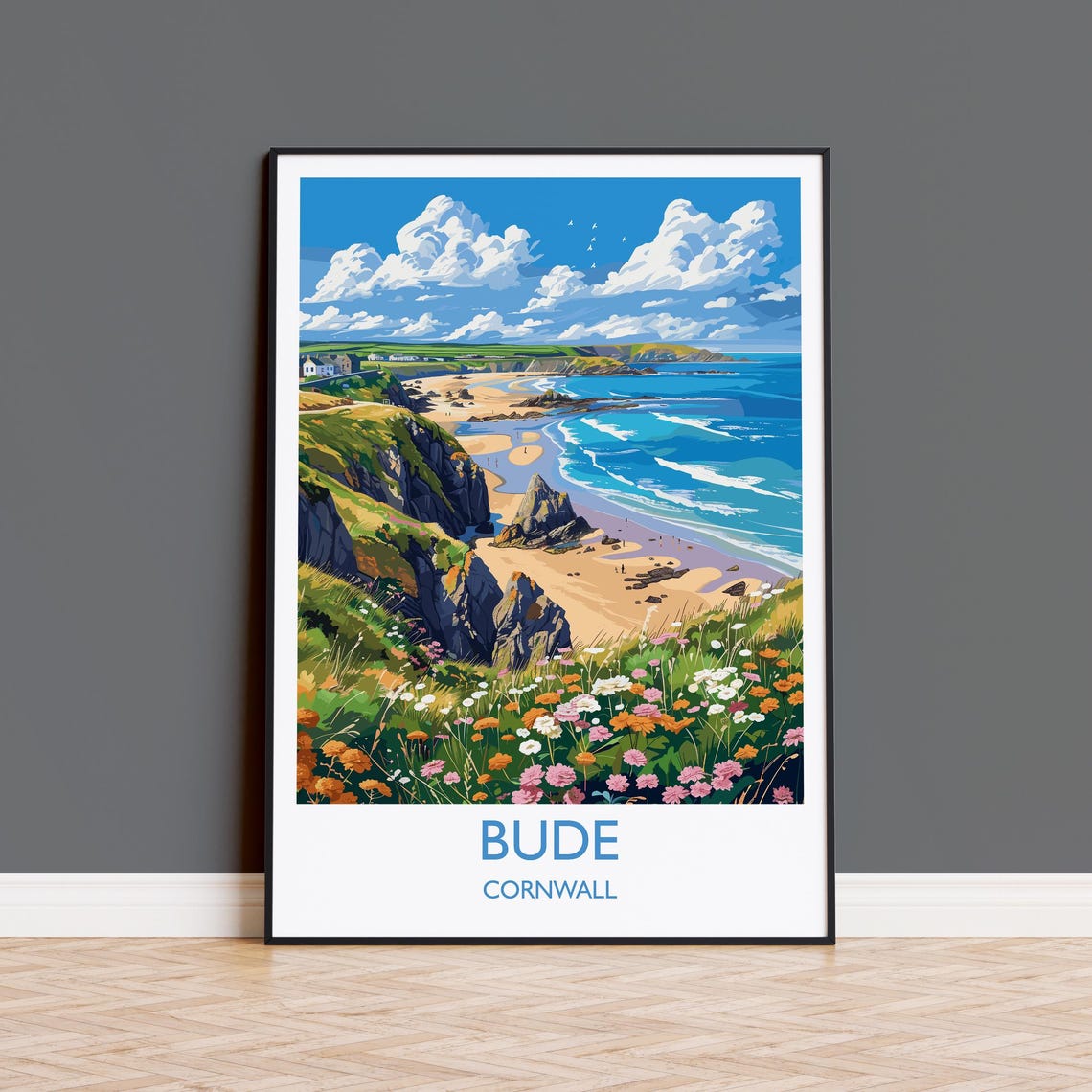 Bude Cornwall Sandy Beach Cove Cliffs Wildflower Meadow Travel Poster