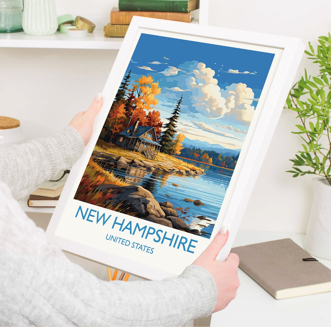 New Hampshire Autumn Lakeside Log Cabin Fall Foliage Art Poster - Image 5