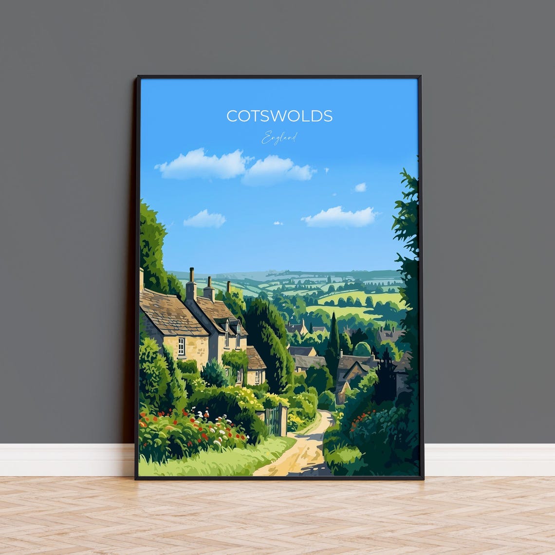 Cotswolds England Stone Cottage Lane Rolling Hills View Poster