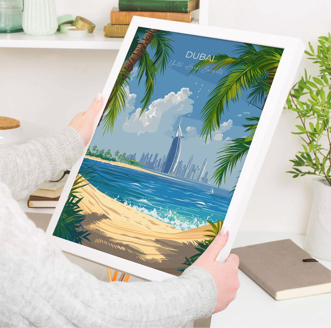 Dubai UAE Burj Al Arab Sandy Beach Palm Trees Vintage Travel Poster - Image 3