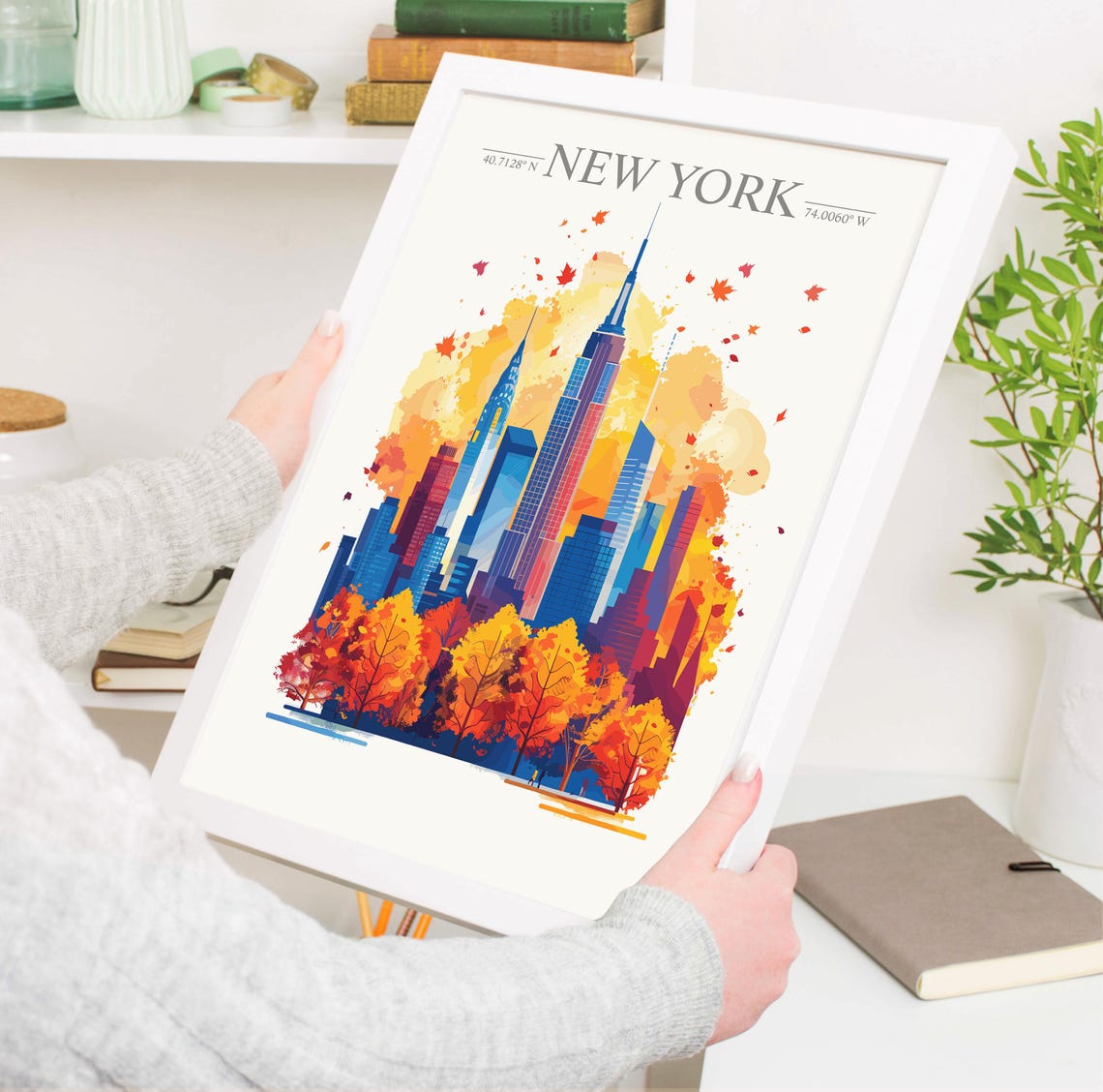 New York Autumn Skyline With Drifting Golden Fall Leaves Poster - Image 3