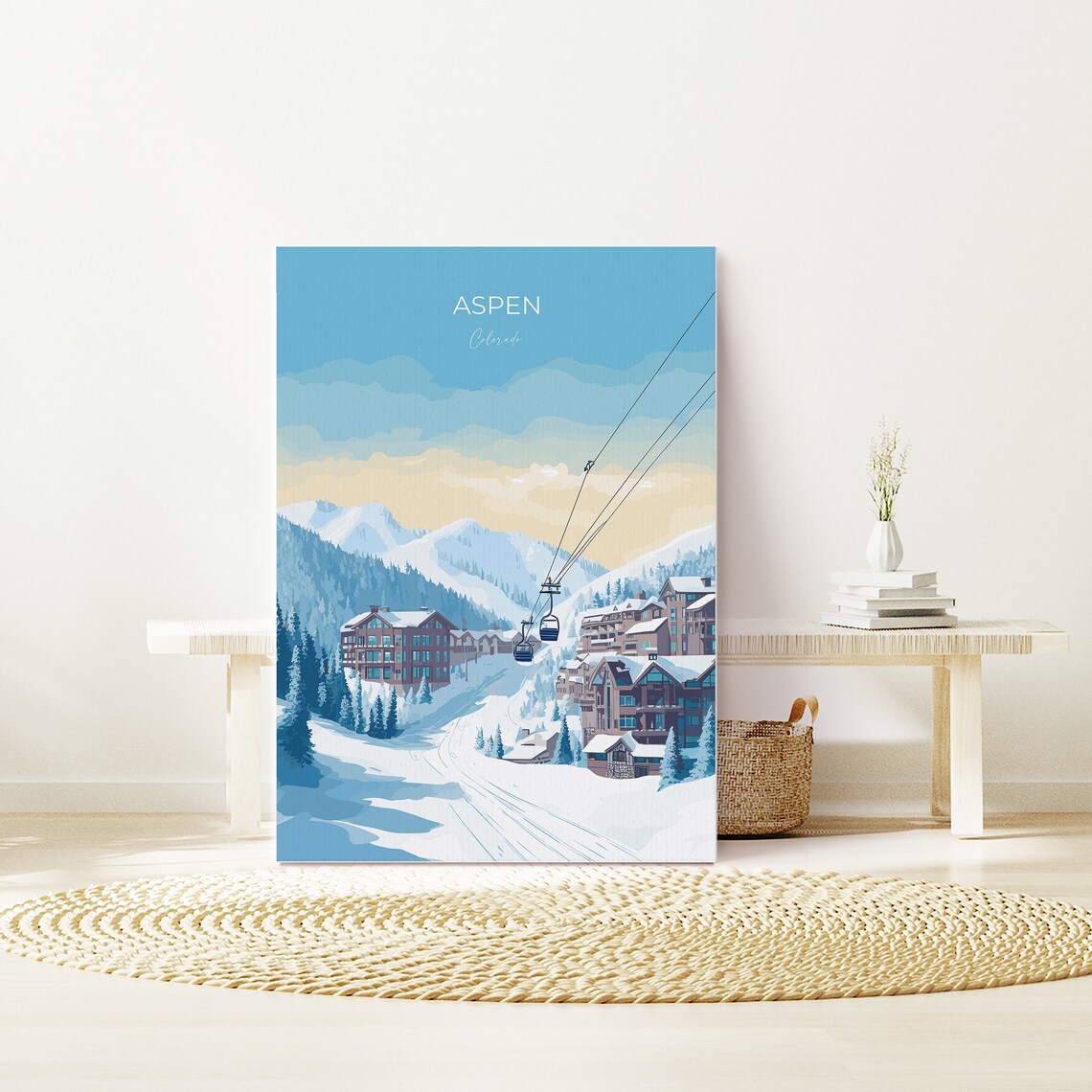 Aspen Colorado Snowy Ski Village Gondola Winter Travel Poster - Image 2