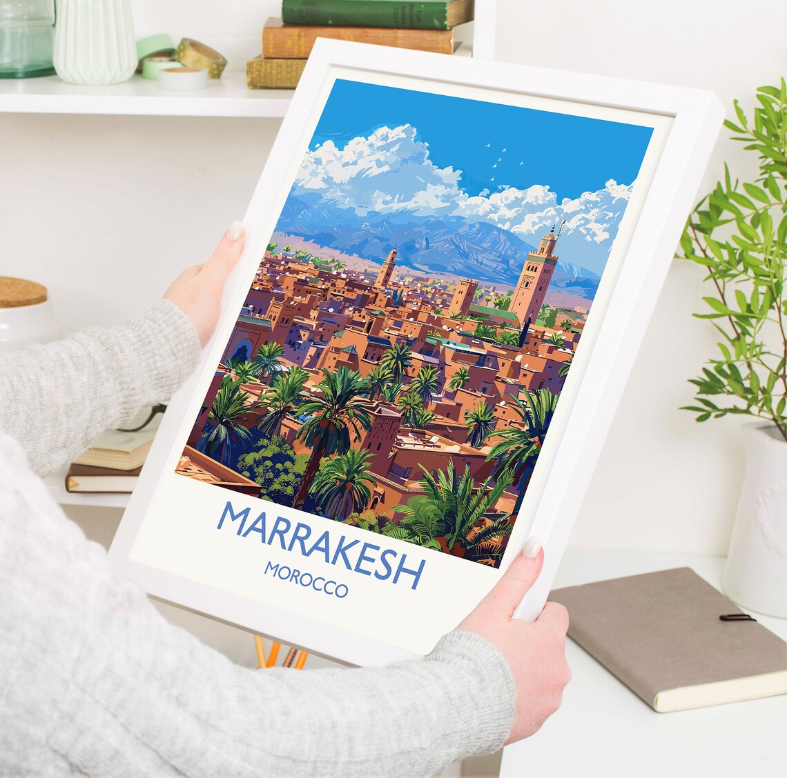 Marrakesh Morocco Medina Minaret Blue Sky White Border Travel Poster - Image 3