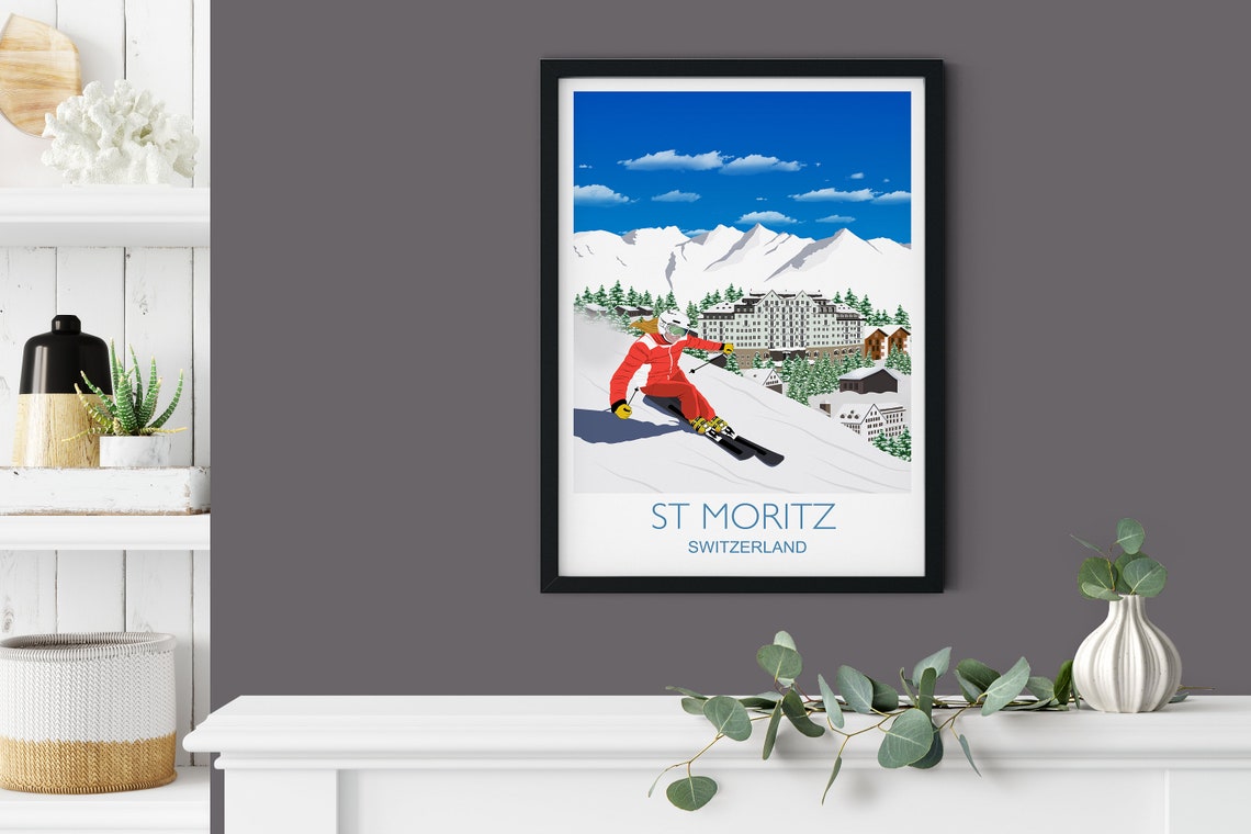 St Moritz Switzerland Blue Ski Run Resort Peaks Travel Poster - Image 4